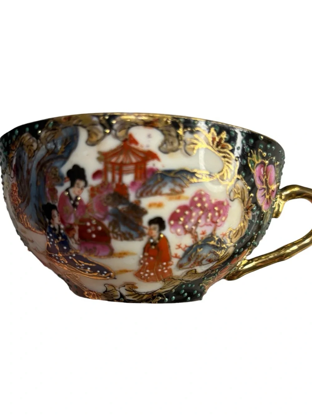 Vint Hand Painted Satsuma Chinese Porcelain Cup Saucer Gilded Gold Geisha Girls